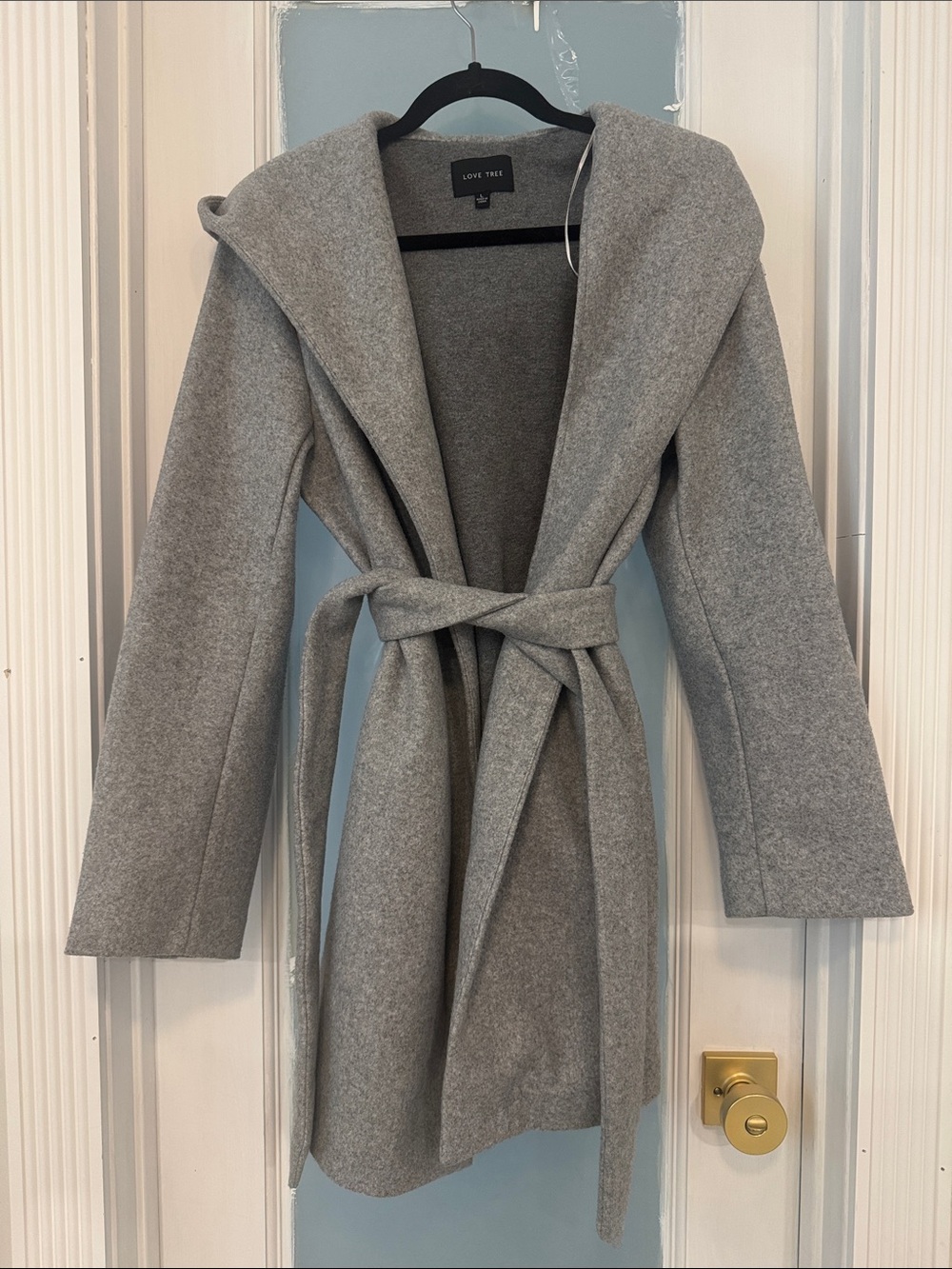 Love Tree Light Gray Hooded Belted Wool-Blend Coat